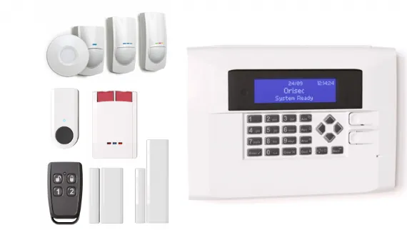 Wireless intruder alarm control panel with PIR sensors, door contacts and key fob